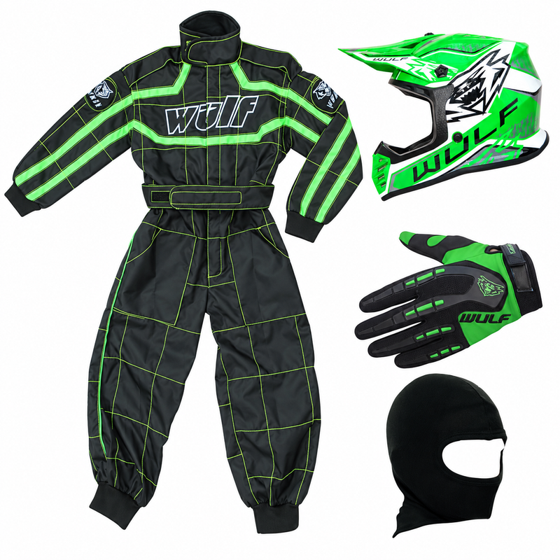 Green Kids Wulfsport Clothing & Helmet Discount Bundle Deal