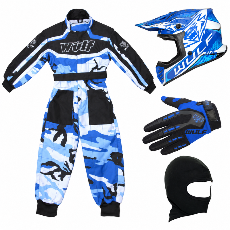 Blue Camo Kids Wulfsport Clothing & Helmet Discount Bundle Deal