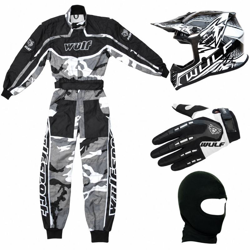Grey Camo Kids Wulfsport Clothing & Helmet Discount Bundle Deal