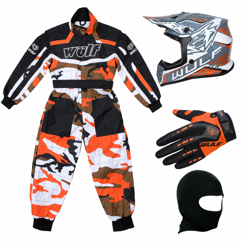 Orange Camo Kids Wulfsport Clothing & Helmet Discount Bundle Deal