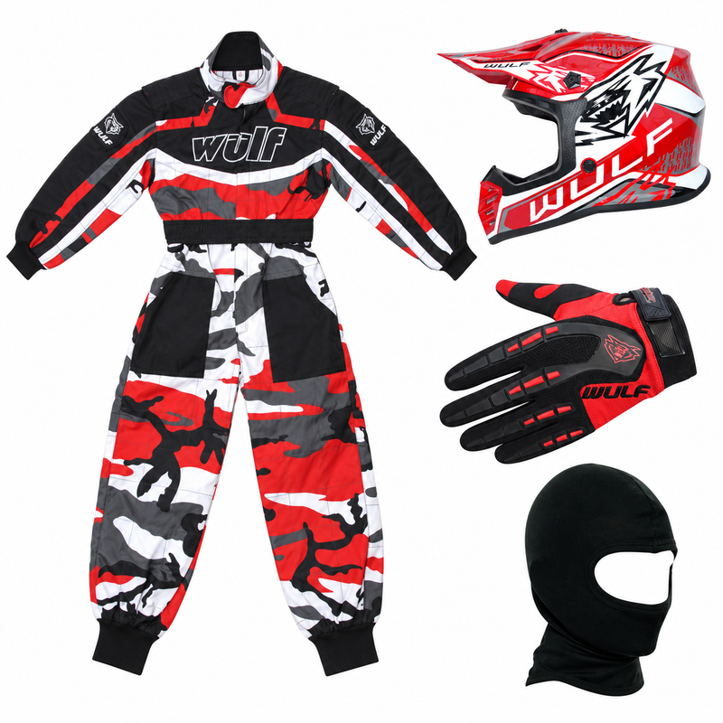 Red Camo Kids Wulfsport Clothing & Helmet Discount Bundle Deal